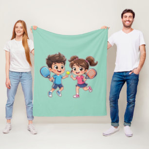 Cute Cartoon Boy and Girl Playing Padel Tennis – F Fleece Blanket