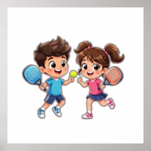 Cute Cartoon Boy and Girl Playing Padel Tennis – F Poster