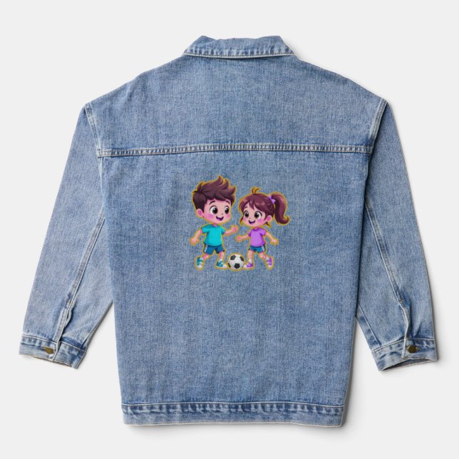 Cute Cartoon Boy and Girl Playing Soccer Together  Denim Jacket (Back)