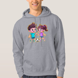Cute Cartoon Boy and Girl Playing Soccer Together Hoodie