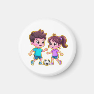Cute Cartoon Boy and Girl Playing Soccer Together  Magnet