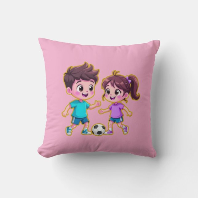 Cute Cartoon Boy and Girl Playing Soccer Together  Throw Pillow (Front)