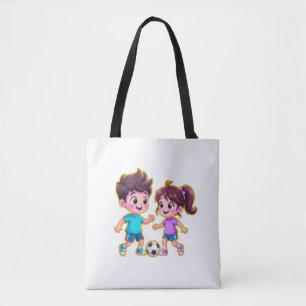 Cute Cartoon Boy and Girl Playing Soccer Together Tote Bag