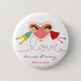 Cute Cartoon Boy Girl Love Engaged Wedding Button