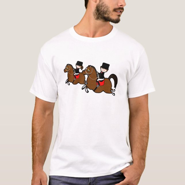 Cute cartoon boy girl riding dressage horses T-Shirt (Front)