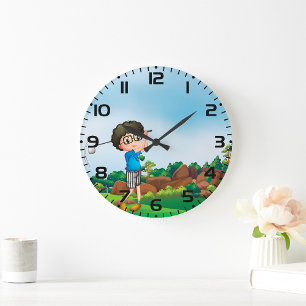 Cute Cartoon Boy Golfing Fun Golf Lover Design  Large Clock