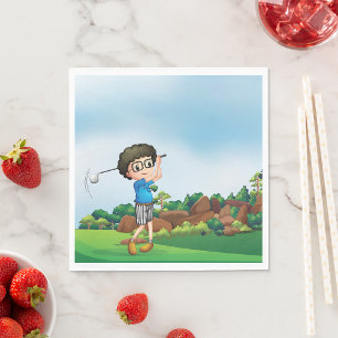 Cute Cartoon Boy Golfing Fun Golf Lover Design  Napkin