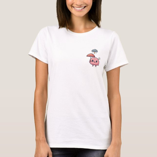Cute Cartoon Brain Character Holding Umbrella T-Shirt (Front)