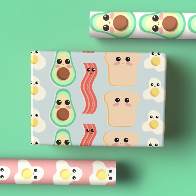 Cute Cartoon Breakfast Food with Happy Face Wrapping Paper Sheet (Creator Uploaded)