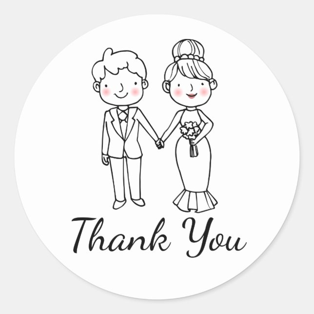 Cute Cartoon Bride Black White Thank You Wedding Classic Round Sticker (Front)