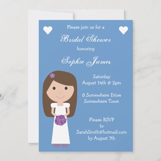 Cute Cartoon Bride Blue Custom Bridal Shower Invitation (Front)