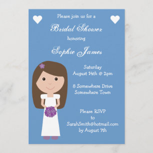 Cute Cartoon Bride Blue Custom Bridal Shower Invitation
