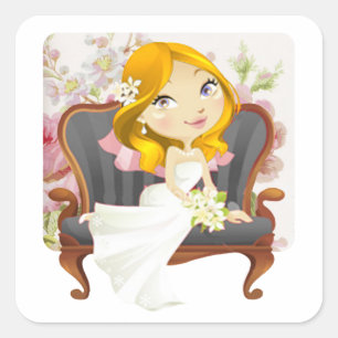 Cute Cartoon Bride Bridal Shower Square Sticker