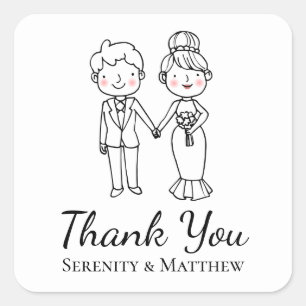 Cute Cartoon Bride Groom Black White Thank You Square Sticker