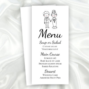 Cute Cartoon Bride Groom Black White Wedding Menu