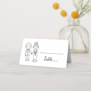 Cute Cartoon Bride Groom Black White Wedding Party Place Card
