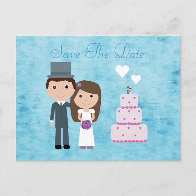 Cute Cartoon Bride, Groom & Cake Save The Date Announcement Postcard (Front)