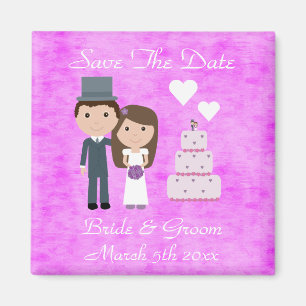 Cute Cartoon Bride, Groom & Cake Save The Date Magnet