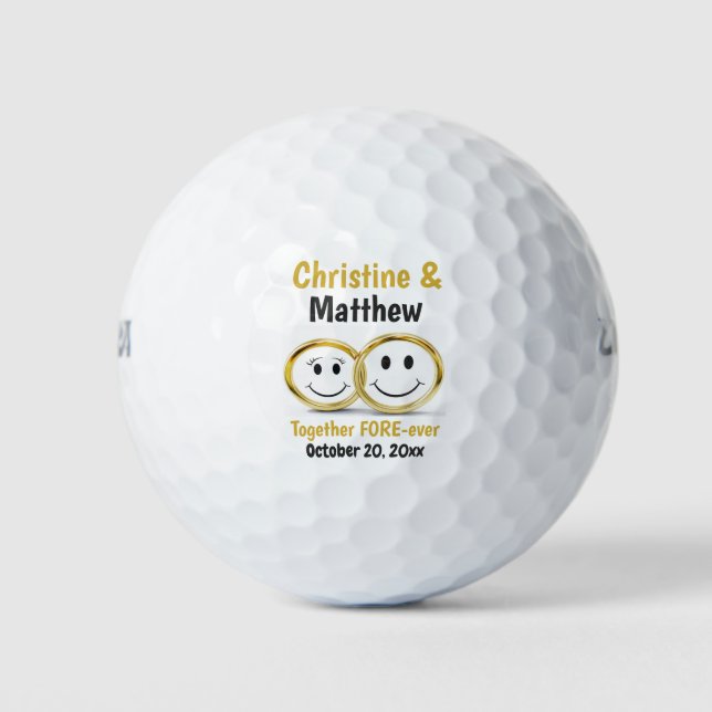 Cute Cartoon Bride Groom Gold Wedding Ring Favour Golf Balls (Front)