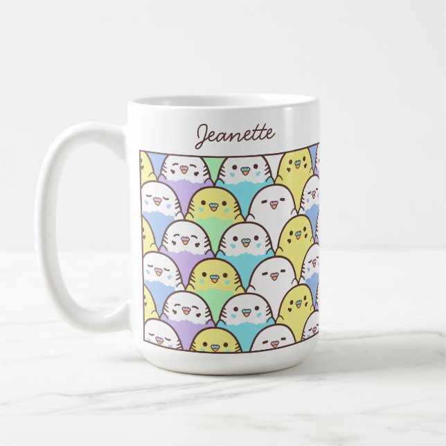 Cute Cartoon Budgie Parrot Pattern Name Coffee Mug (Left)