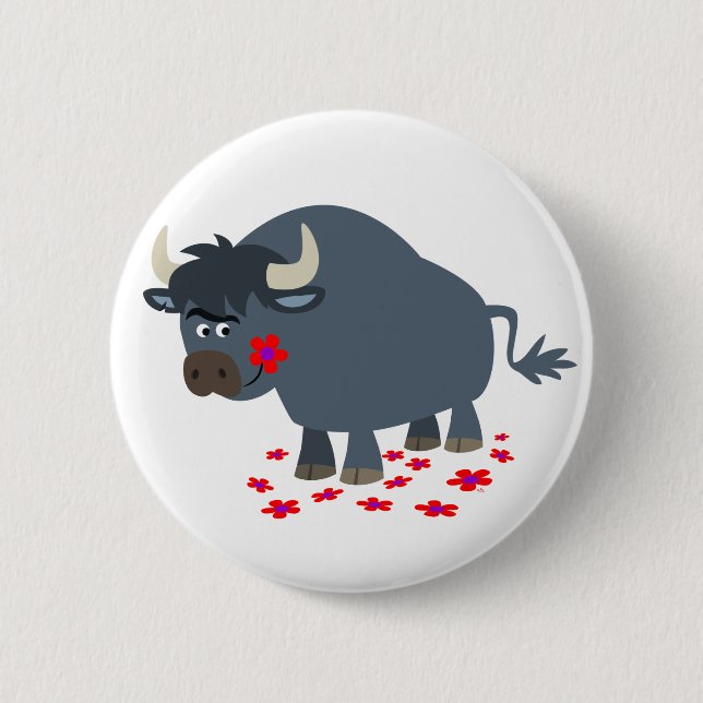 Cute Cartoon Bull and Red Bloom Button Badge (Front)