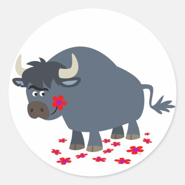 Cute Cartoon Bull and Red Bloom Sticker (Front)