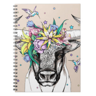 Cute cartoon bull in a floral wreath. Bright portr Notebook