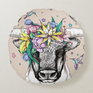 Cute cartoon bull in a floral wreath. Bright portr Round Pillow