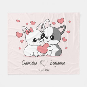 Cute Cartoon Bulldog Lovers Heart Valentine’s Day  Fleece Blanket