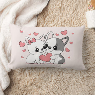 Cute Cartoon Bulldog Lovers Hearts Valentine’s Day Lumbar Pillow