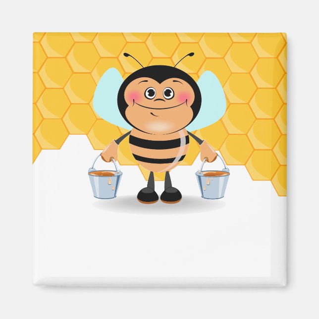 Cute Cartoon Bumble Bee Carrying Buckets of Honey Magnet (Front)