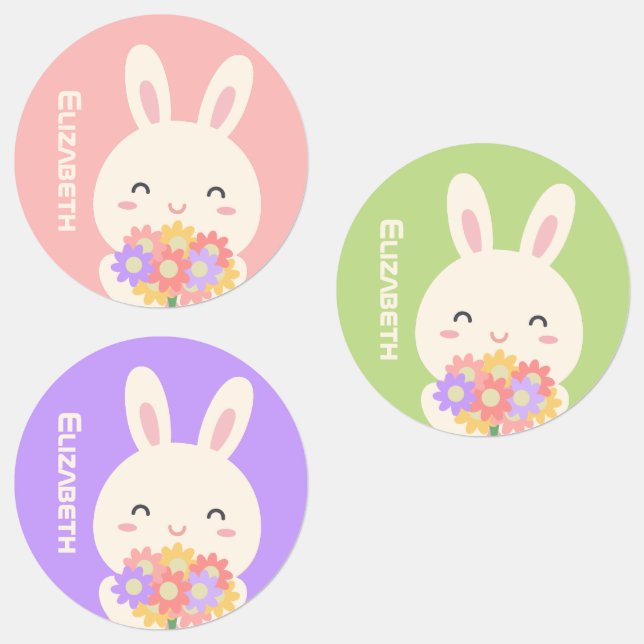 Cute Cartoon Bunny Flowers Custom Name Pastel Pink (Group)