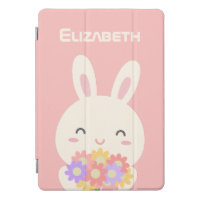 Cute Cartoon Bunny Flowers Custom Name Pastel Pink