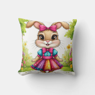 Cute Cartoon Bunny in Colourful Dress Throw Pillow