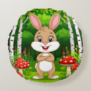 Cute Cartoon Bunny Stands In A Lush Forest Round Pillow