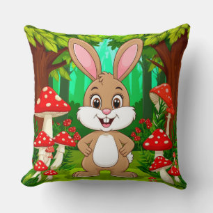 Cute Cartoon Bunny Stands In A Lush Forest Throw Pillow