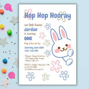 Cute Cartoon Bunny Turning One Boys 1st Birthday  Invitation