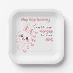 Cute Cartoon Bunny Turning One Girls 1st Birthday Paper Plate
