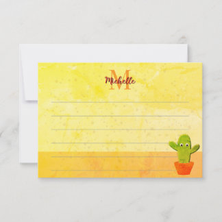 Cute Cartoon Cactus Painting Custom Lined Monogram Card