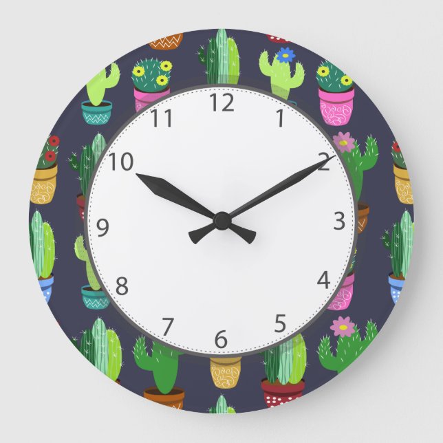 Cute Cartoon Cactus Pattern Grey Numbers Large Clock (Front)