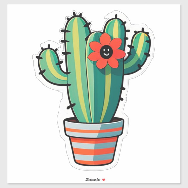 Cute Cartoon Cactus Plant in Pot With Flower  (Sheet)