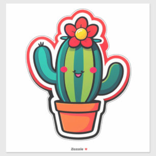 Cute Cartoon Cactus Plant in Pot With Flower 