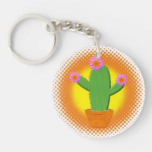 Cute Cartoon Cactus With Pink Flowers Keychain