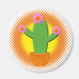 Cute Cartoon Cactus With Pink Flowers Magnet
