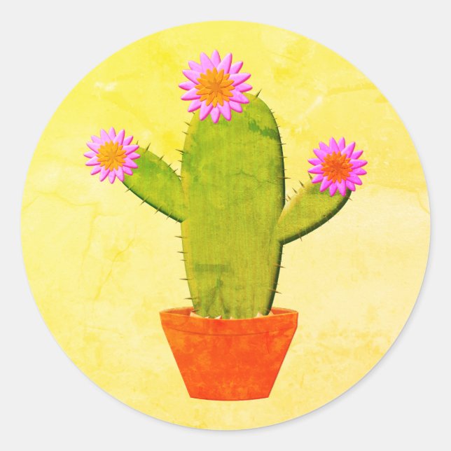 Cute Cartoon Cactus With Pink Flowers Painting Classic Round Sticker (Front)