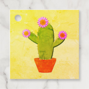 Cute Cartoon Cactus With Pink Flowers Painting Favour Tags