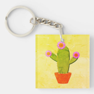 Cute Cartoon Cactus With Pink Flowers Painting Keychain