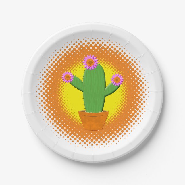 Cute Cartoon Cactus With Pink Flowers Paper Plate (Front)