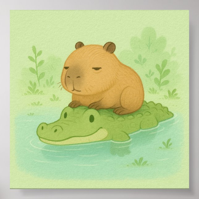 Cute cartoon capybara on green crocodile poster (Front)