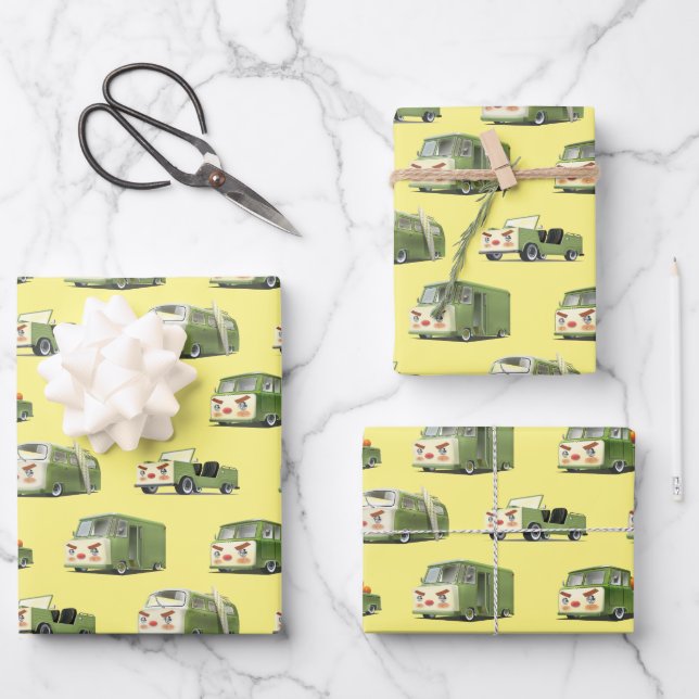 Cute Cartoon Cars Lineup Wrapping Paper Sheet (Front)